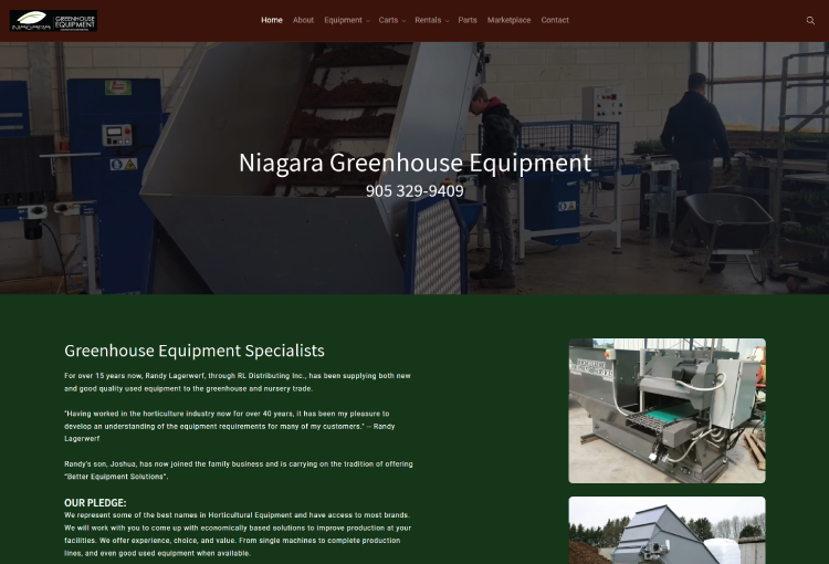 Screenshot of the Niagara Greenhouse Equipment Homepage